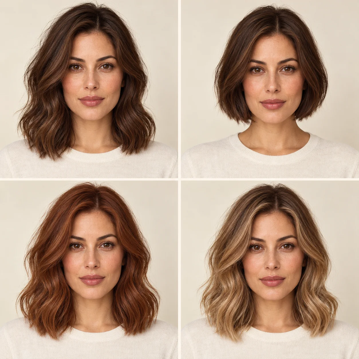 AI-generated illustration of one woman with four hairstyle and hair color variations